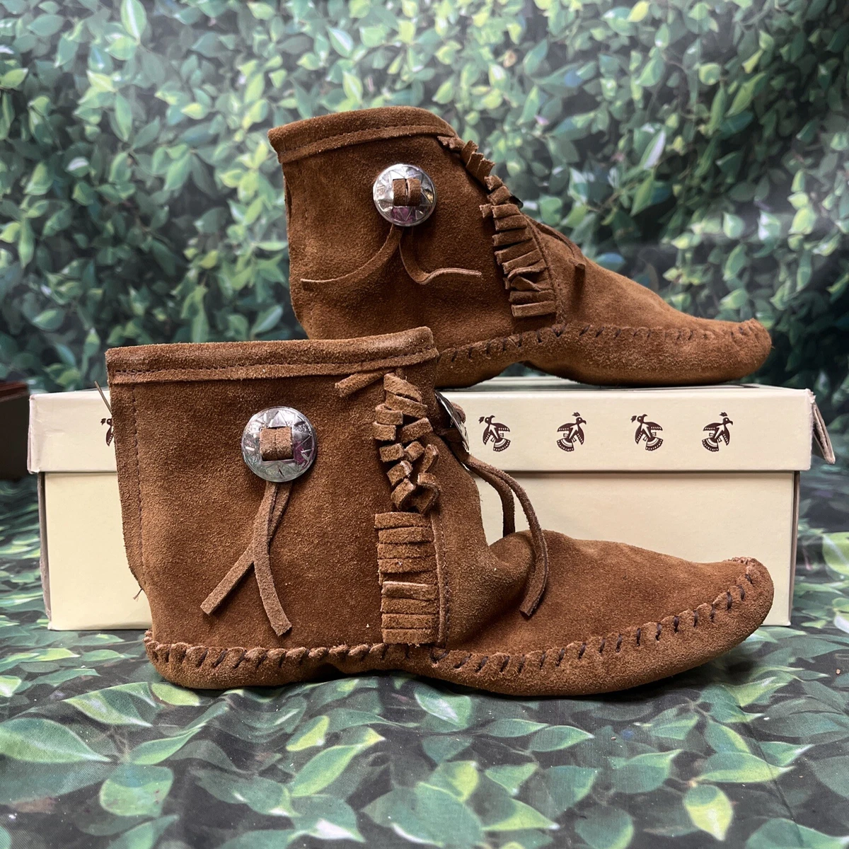 Vintage Taos Brown Suede Fringe Beaded Knee-high Moccasin Boot Men 10.5 Women 12 Vintage Minnetonka Brown Suede Fringe Customized Moccasins  main image 3