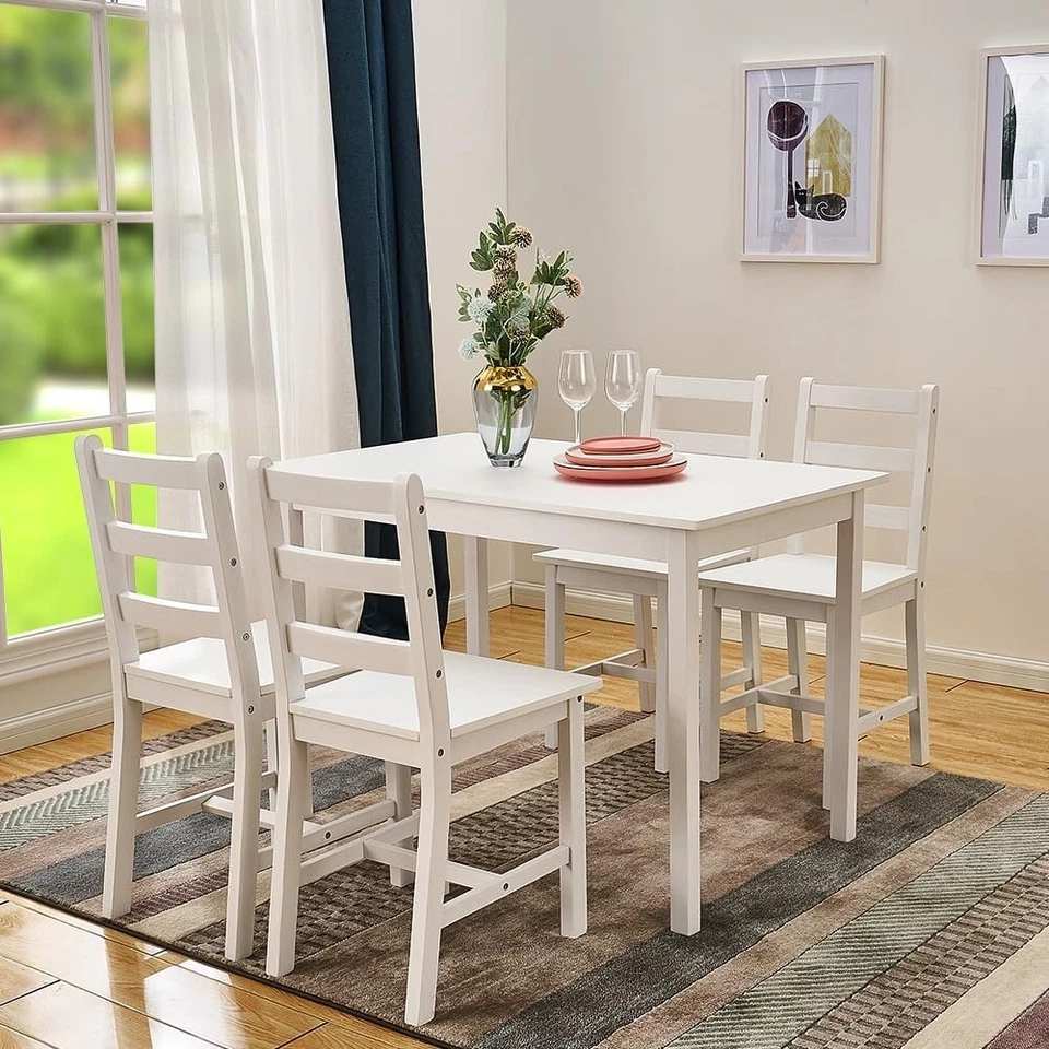 Small White Wooden Dining Table And 4 Chairs Set Kitchen Room Rustic Pine - Image 2 of 4