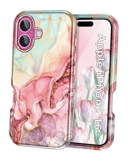 for Case (2024),[Military Grade Drop Tested] Marble iPhone 16 All Rose Gold