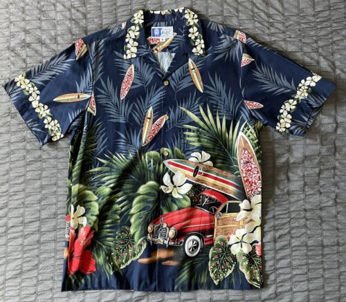 Vintage RJC Blue Floral Surfboard Hawaiian Shirt Size M (AMAZING! MUST SEE!) - Picture 1 of 6