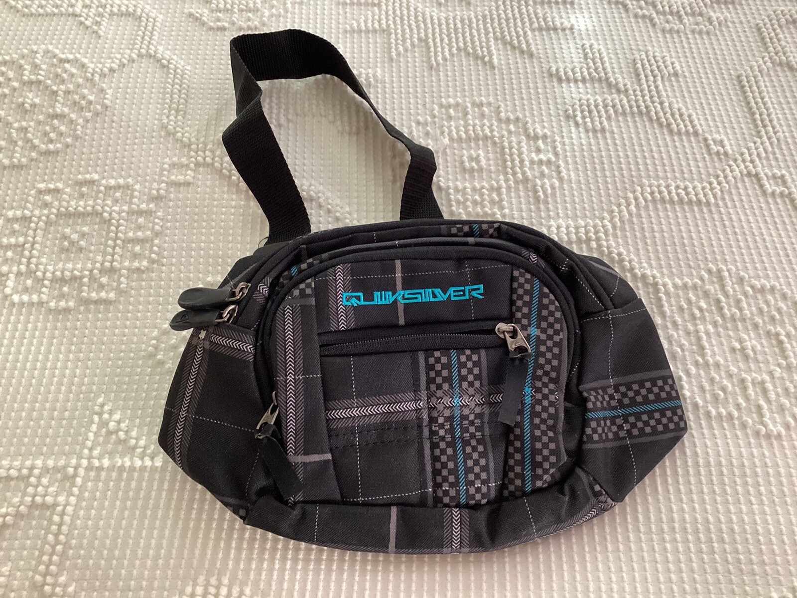 Quicksilver Belt Bag Fanny Pack Bag Black Blue Plaid Snowboard Ski Run Shop Rare