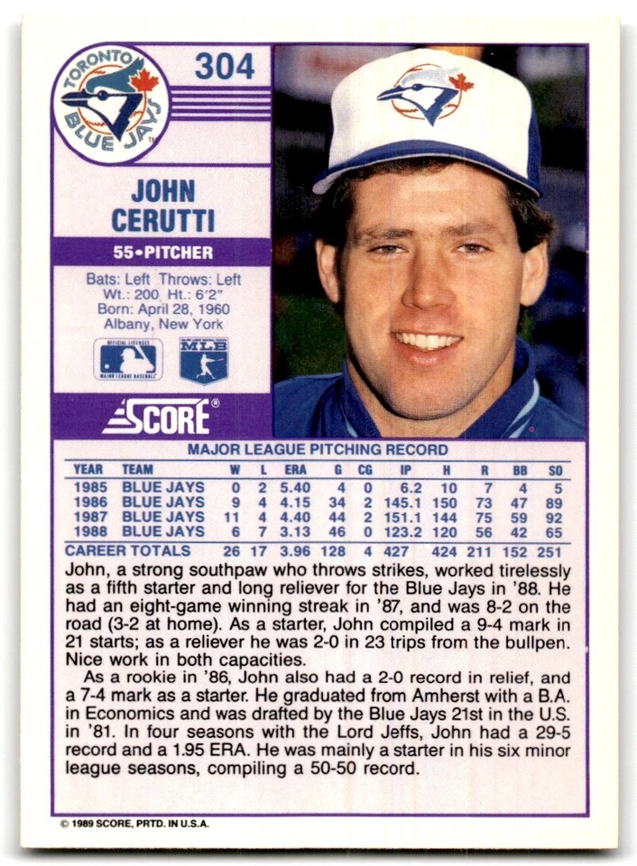 1989 Score John Cerutti p Toronto Blue Jays #304 - Image 2 of 2