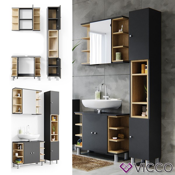 BadmöBel Set Aquis Anthrazit Spiegel Waschtisch Unterschrank Hochschrank Vicco-image