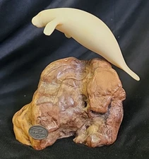 Vtg John Perry Manatee Sculpture On Burl Wood Nautical Beach House Decor