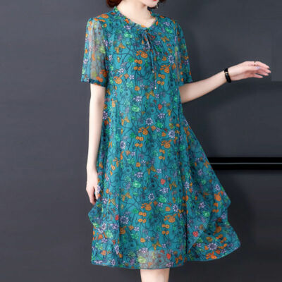 Women Chiffon Knee Length Dress Summer Floral Large Loose Short-Sleeved Dress | eBay Women Chiffon Knee Length Dress Summer Floral Large Loose Short-Sleeved Dress | eBay