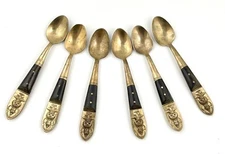 Siam Brass Flatware Teak Wood 4.5" Replacement Small Demitasse Spoon Set Lot 6