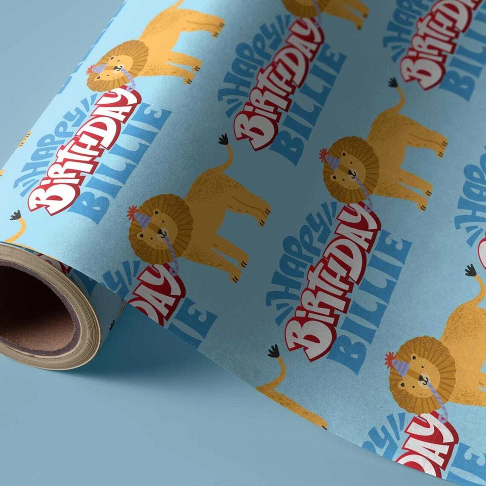 Rollo de papel de envolver personalizado feliz cumpleaños con nombre león juguetón envoltura de regalo Foto 4 de 4