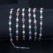Chic Silver Plated Multicolor CZ Long Round Bead Link Chain DIY Handmade Jewelry