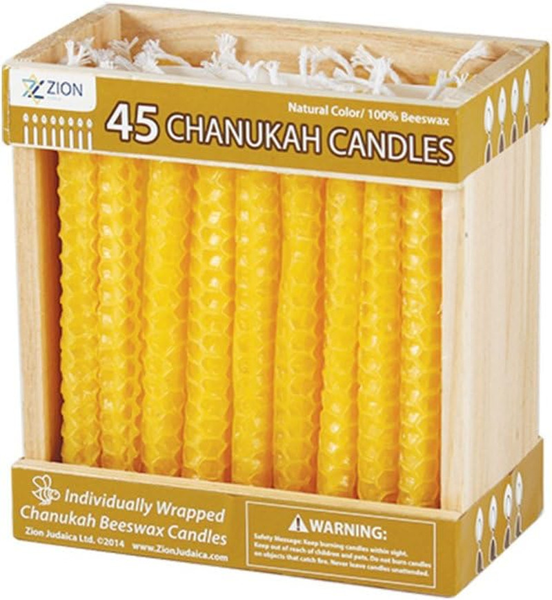 Zion Judaica Natural Beeswax Hanukkah Candles Set in a Wooden Crate Honeycomb De