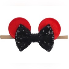 Baby Girls Minnie Mouse Ears Soft Headband Black-Red Sequins Bow Handmade NEW