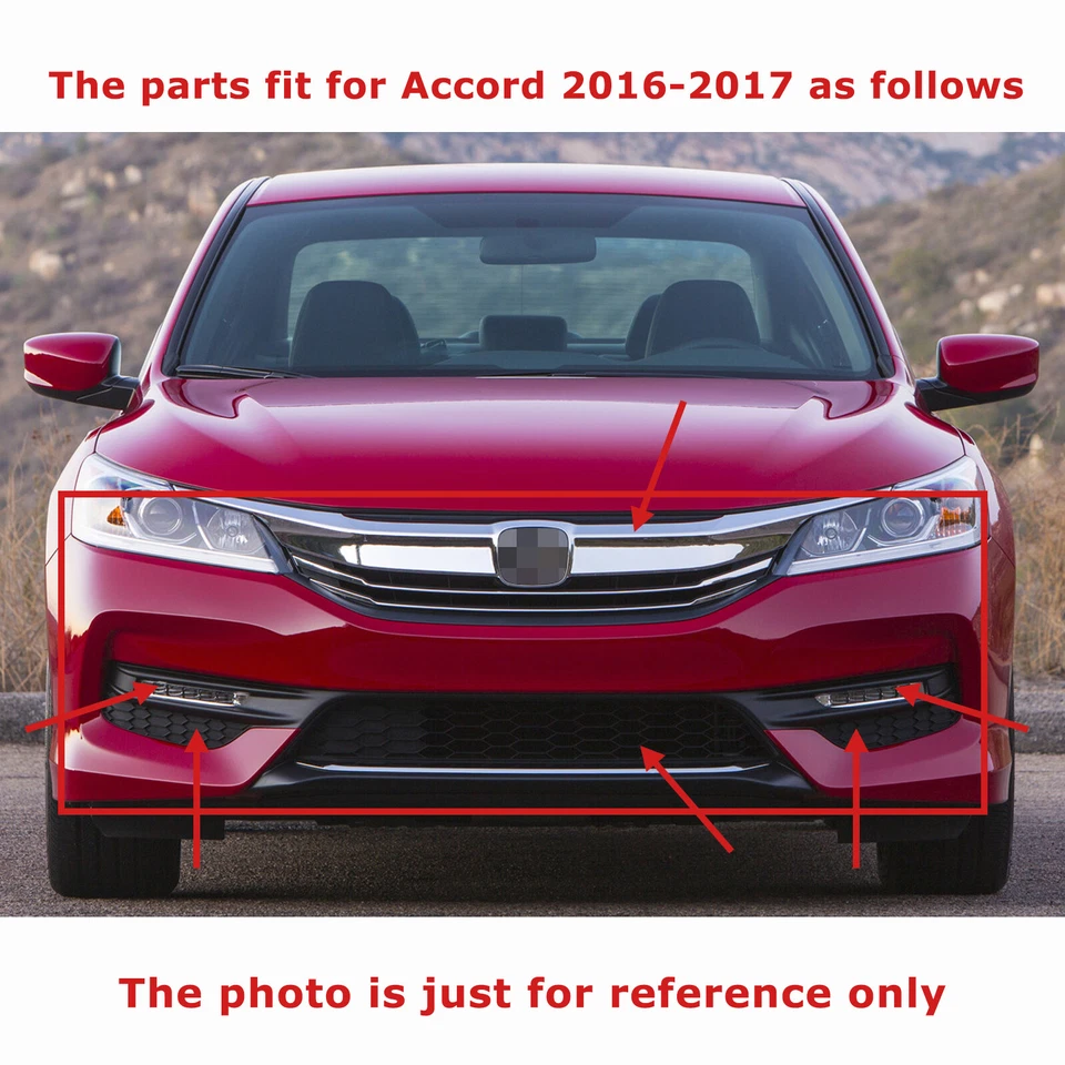 For 2016 2017 Honda Accord Sedan Front Bumper Grille Grill & LED Fog Lights Set Foto 3 de 4
