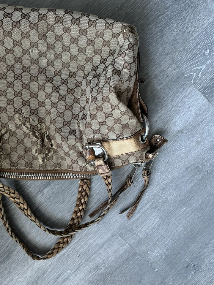 Bolso de hombro de lona GG de cuero de bambú 232959 beige Foto 2 de 4