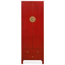 US Seller - Distressed Red Elmwood Chinese Ming Armoire semi gloss