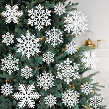 72PCS White Glitter Snowflake Hanging Ornaments Christmas Tree Wall Window Decor