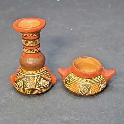 2 Miniature Peruvian Clay Folk Art Pottery Bowl And Jug Vase Handles HandMade EC