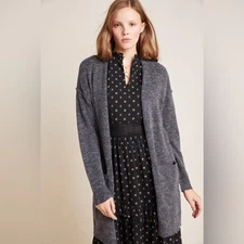Anthropologie Jolie Fuzzy Longline Open Front Cardigan Sweater | Dark Grey | XS