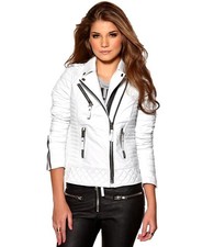 Giacca donna pelle bianca taglia biker moto vintage cappotto zip vera pelle di agnello