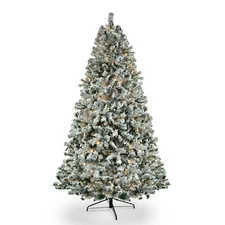 6FT Pre-lit Snow Flocked Christmas Tree Hinged Pine Tree 1300 Branch 550 Lights