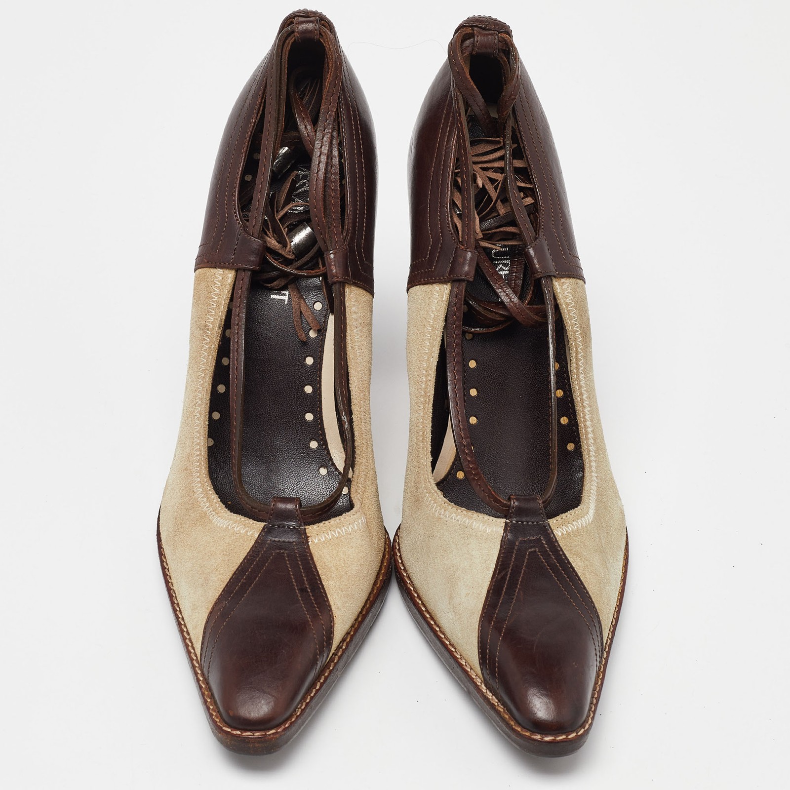 Décolleté avvolgente alla caviglia Yves Saint Laurent marrone beige pelle scamosciata e dettaglio frange