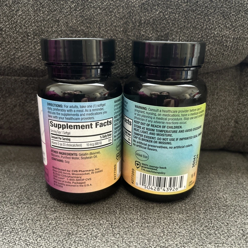 Lotes 2x CVS Health D3 10 mcg 400 UI suplemento dietético 200 Ct (100 ea) cápsulas blandas Foto 2 de 2