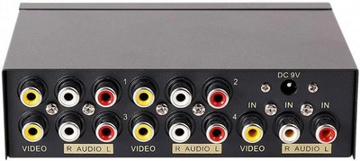 Powered 4 Way 3 RCA Splitter Box 1 in 4 Out Composite Video Audio Distribution D