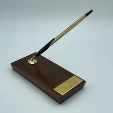 Wood Desk Pen Holder Set Brass Swivel Base w Black Gold Pen 6x3 Vintage Gift