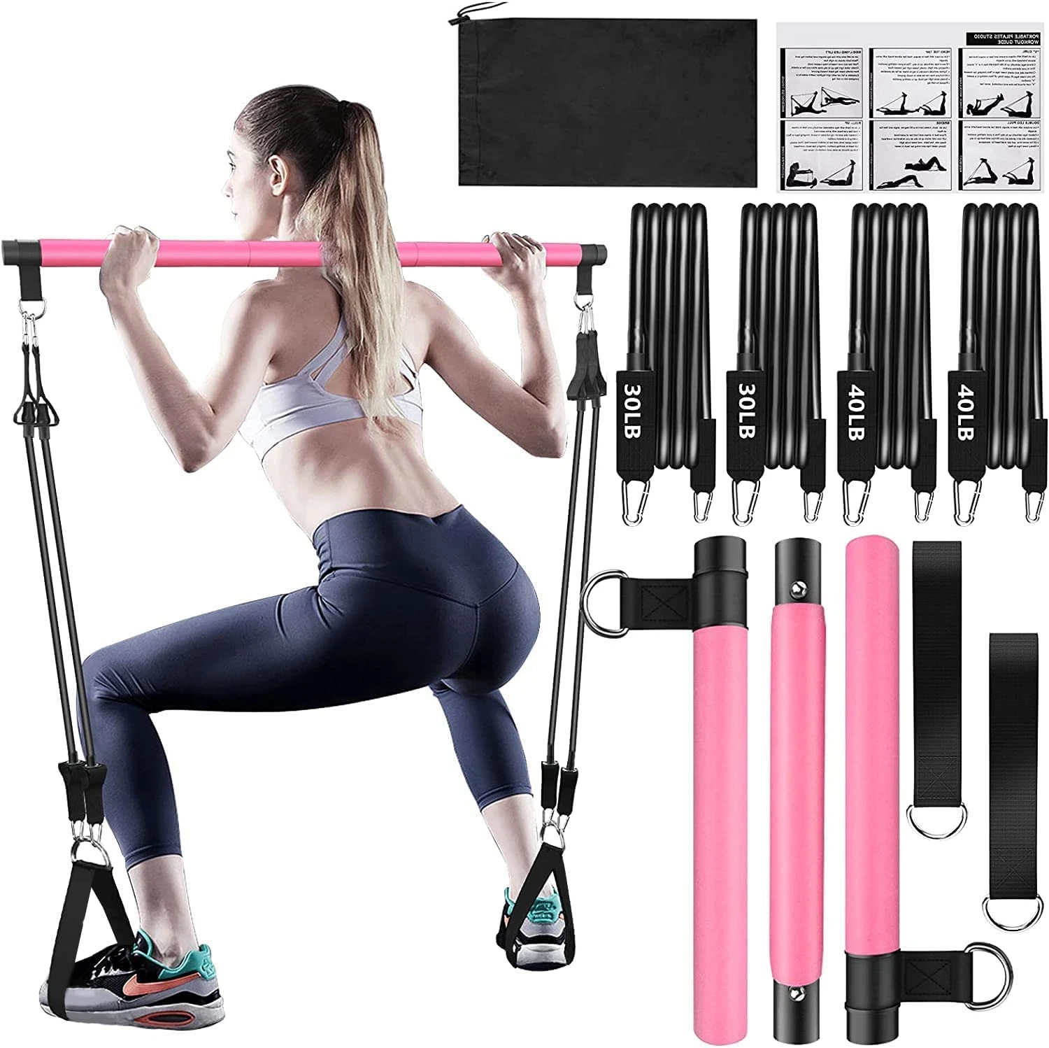 Bbtops Pilates Bar Kit w/ Resistance Bands Portable Home Gym Full Body Workout