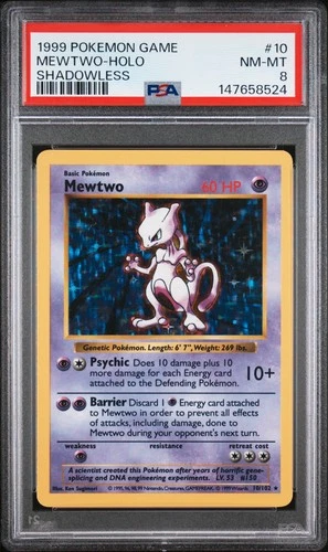 1999 POKEMON BASE SET SHADOWLESS #10 MEWTWO-HOLO PSA 8