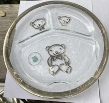 AnnieGlass Divided Grill Plate Platinum Rim With Teddy Bear 10-1/4”
