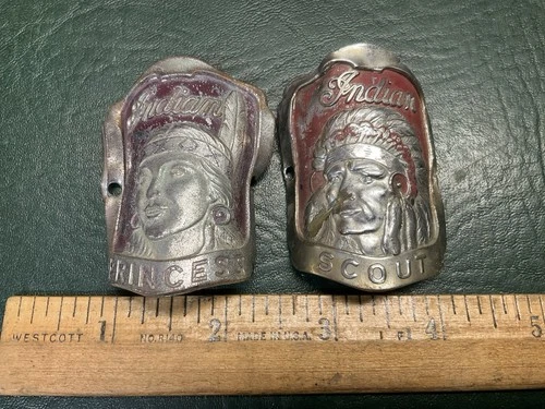 INDIAN PRINCESS & INDIAN SCOUT Bicycle Head Badges Tags~ Robbins Co Attleborough