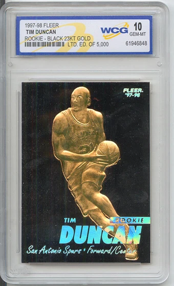 "RARO" TIM DUNCAN 1997-98 FLEER 23KT OURO "PRETO" WCG GEMMT 10 CARTÃO DE NOVATO! - Imagem 3 de 3