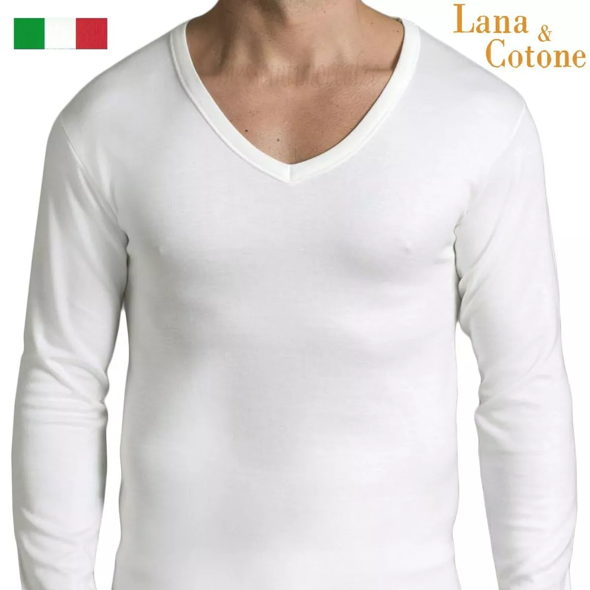 Maglia termica uomo manica lunga LANA COTONE maglietta intima t-shirt  SCOLLO A V