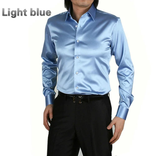Camicia elegante uomo raso seta manica lunga slim business formale casual top classico - Foto 8 di 25