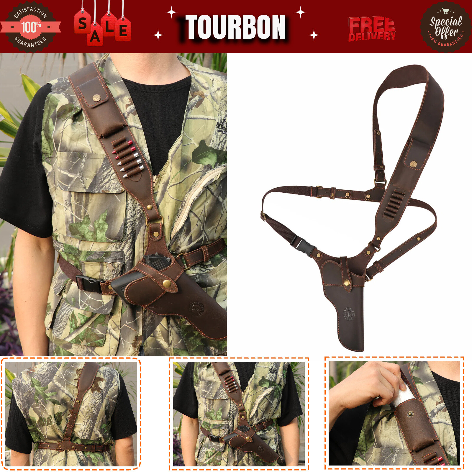TOURBON Leather Handgun Revolver Shoulder Holster Pistol .38/9mm Mag Carry Sling