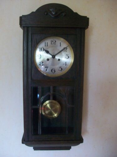 Ancienne horloge murale régulateur 1930 fonctionne 1A 1 semaine 3 barres de gong, verre à facettes allemand - Photo 1/14