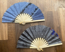2 Blue Fans Hand Bamboo Cloth Handmade Indonesia New Avenico Abenico 628L