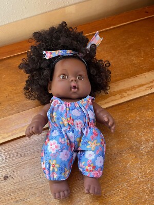 Cute Small Dark Colored Skin Chubby Baby Doll w Huge Curly Head of Hair in Flora