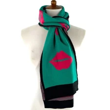 Tarnish Punk MOD Green and Pink Lips Pattern Knit Scarf