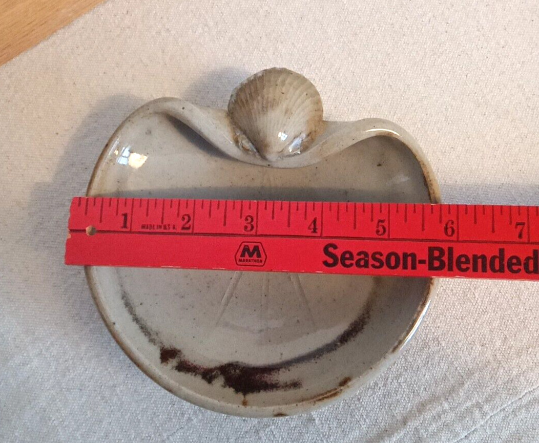 Art Pottery Sea Shell Trinket Soap Dish Glazed Signed BH Coastal Neutral Gift