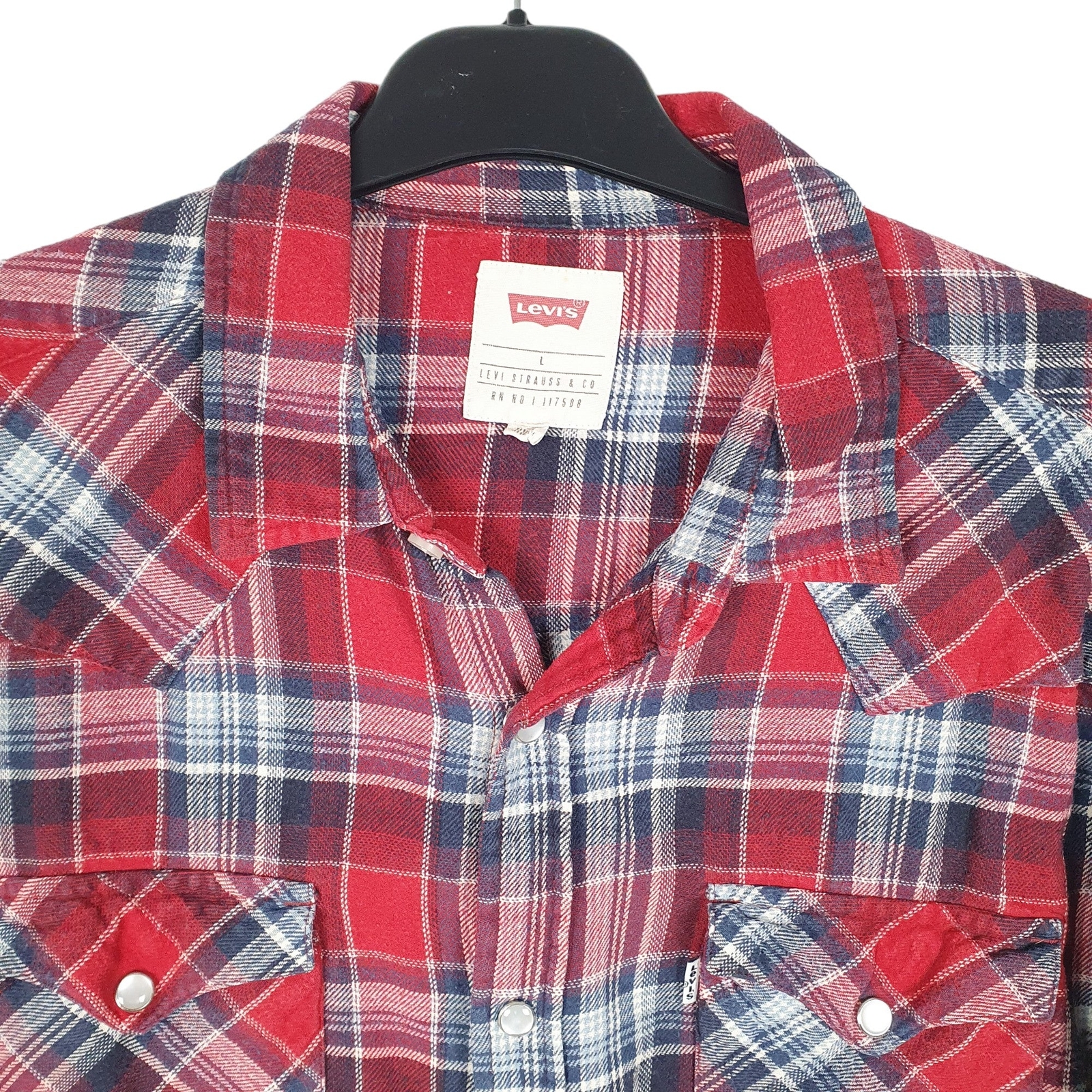 LEVIS Red Check Shirt Western Flannel Cowboy Pearl Snap Long Sleeve Womens L image 2
