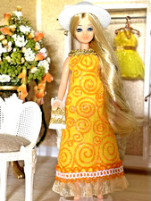 New Custom Dawn Pippa OUTFIT Yellow Orange Halter Maxi, Hat,  Purse  no doll 