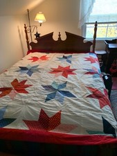 Vintage Hand-stitched Hand-tied STARS QUILT 88 x91 Reds White Blues