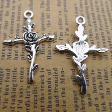 BULK 100Pcs Flower Cross Charms DIY Jewelry Making Pendant Antique Silver