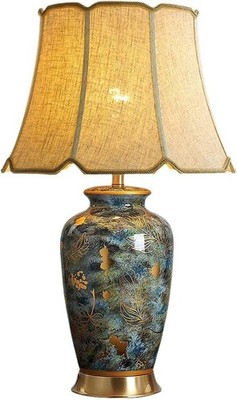 Blue Hand-Painted Ceramic Table Lamp Gold Flower Beside Lamps American Halo Cera