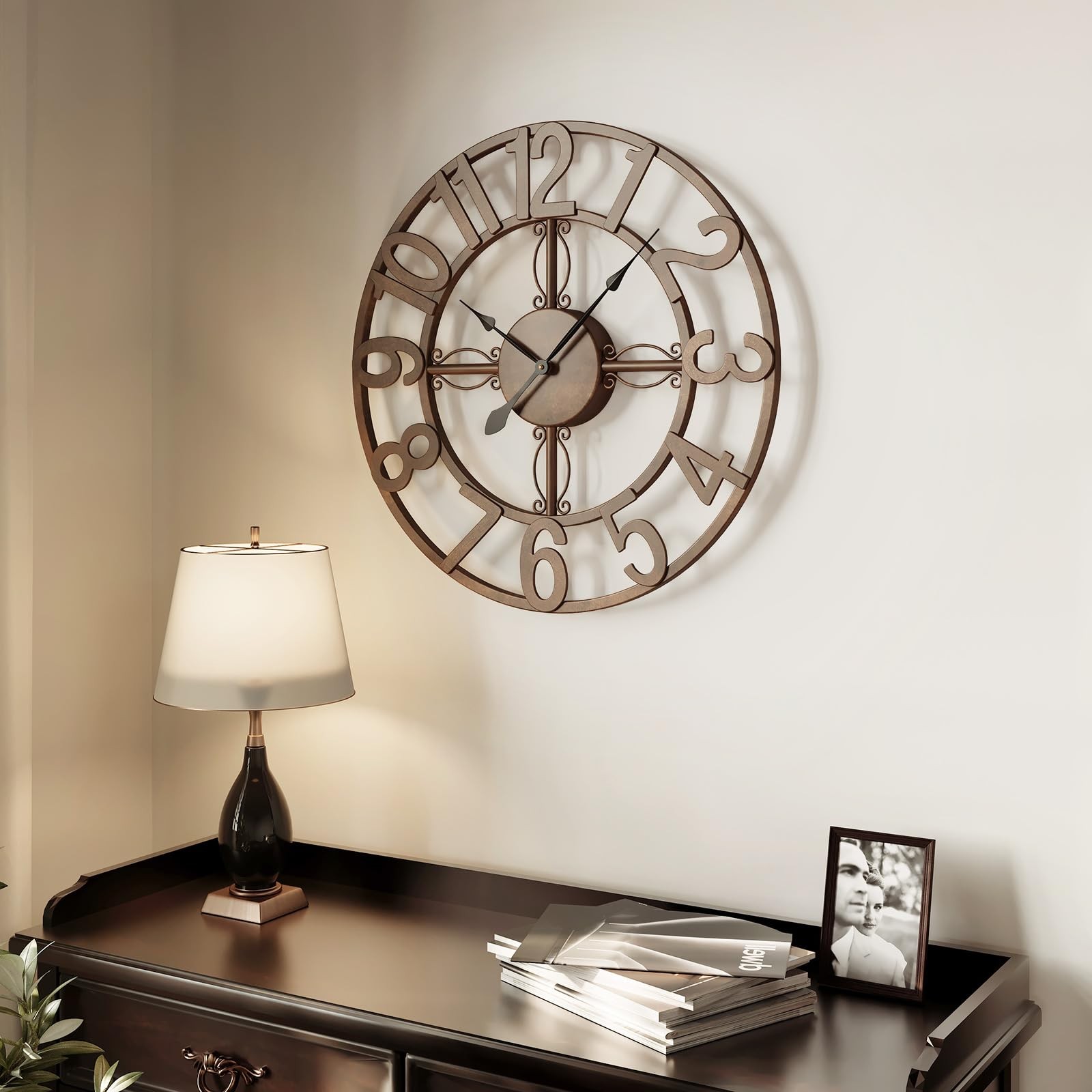 16 Inch Bronze Metal Silent Wall Clock Battery Operated Rustic Decor