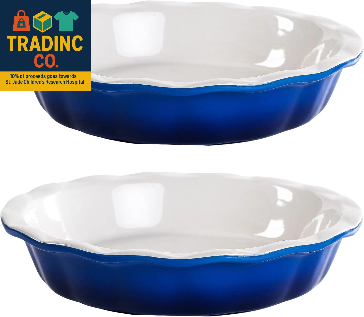 Ceramic 9 Inch Deep Dish Pie Pans, Set of 2, Blue, Non-Stick, Oven & Dishwasher