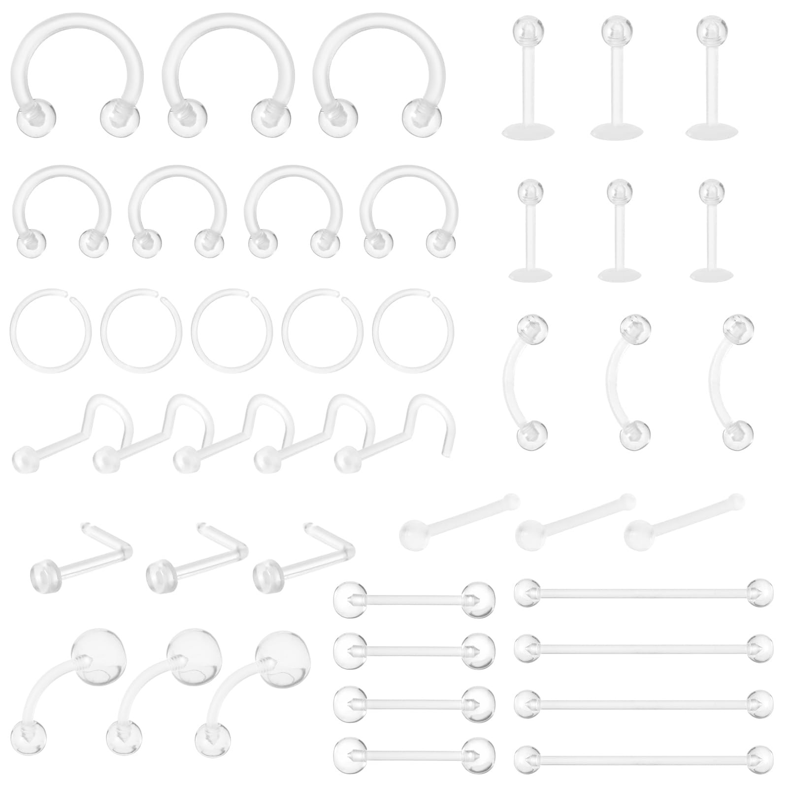 Kit de retenedores de perforación transparentes 48 piezas: retenedor de tabique acrílico, nariz transparente
