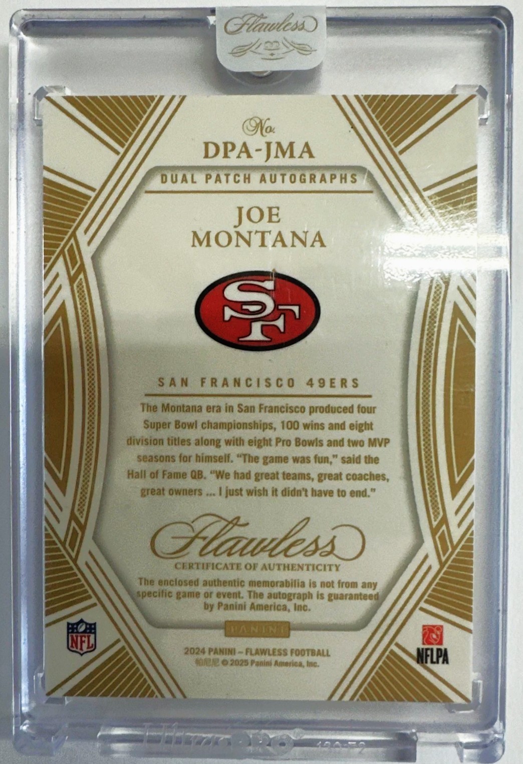 JOE MONTANA-2024 Flawless (#6/6) DUAL 2-COLOR NAMEPLATE PATCH/JERSEY/AUTO - 1/1 view 2