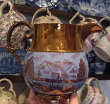 Antique English Victorian Copper Lustre Jug Houses Blue 1800s