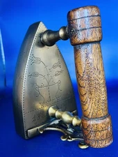 Exceptional Antique 1857 Brass Flat Iron - Charcoal Lift Gate - Wooden handle